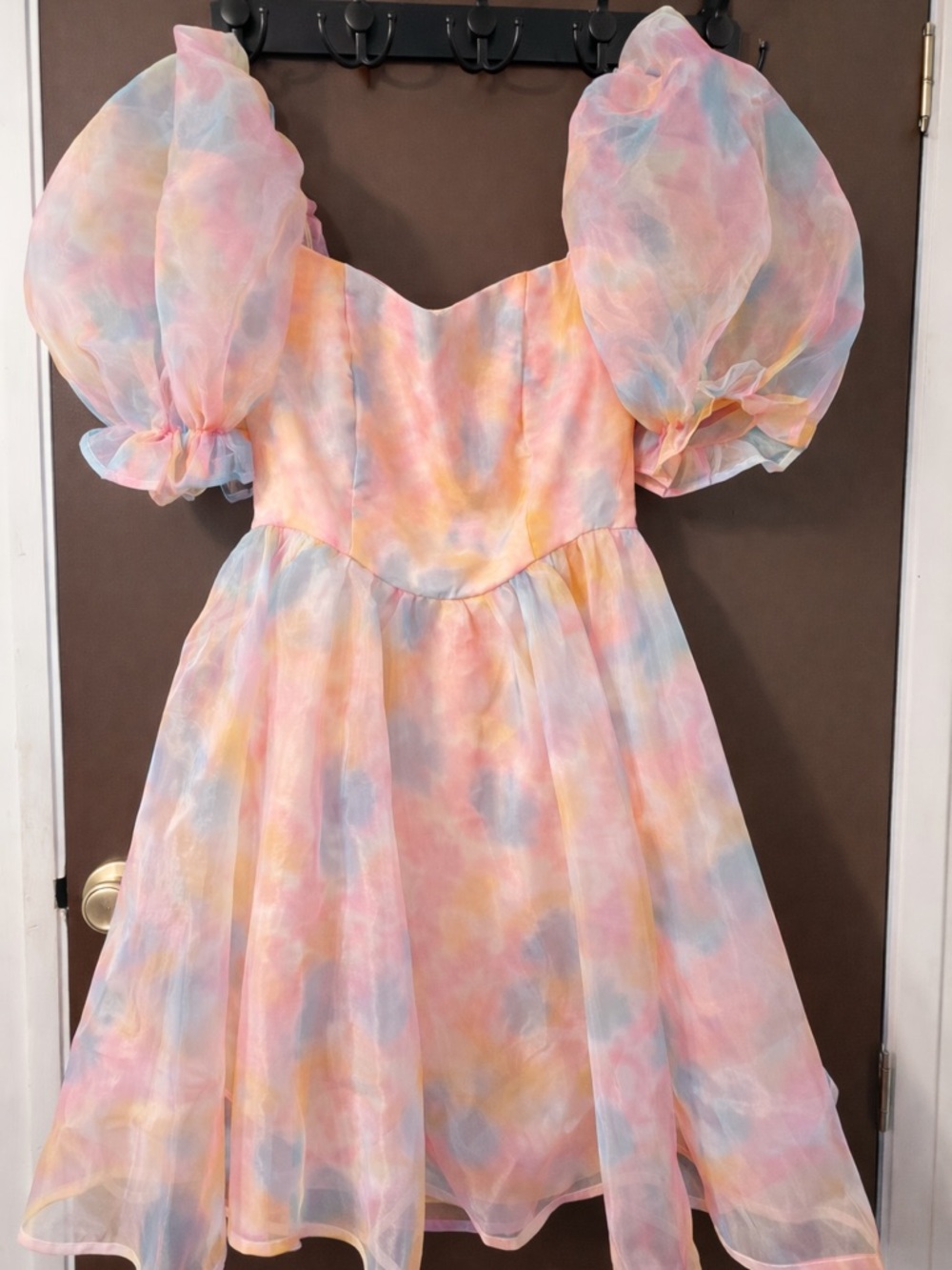 Pastel Tie-Dye Puff Sleeve Dress – Sheer Overlay Fit & Flare Mini Dress